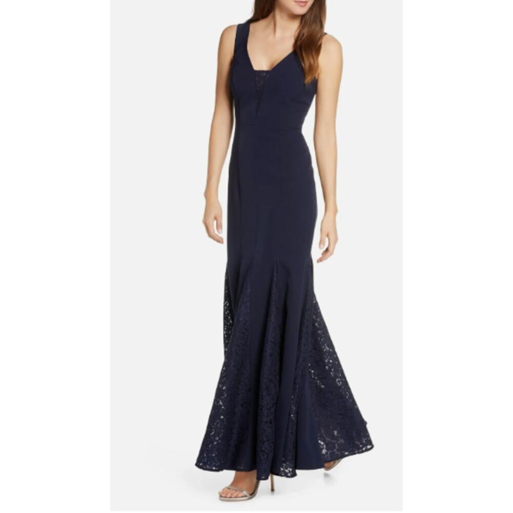 Eliza J Laguna Gown Women’s 4 Navy Blue Crepe Lace Inset Mermaid‎ Trumpet Dress